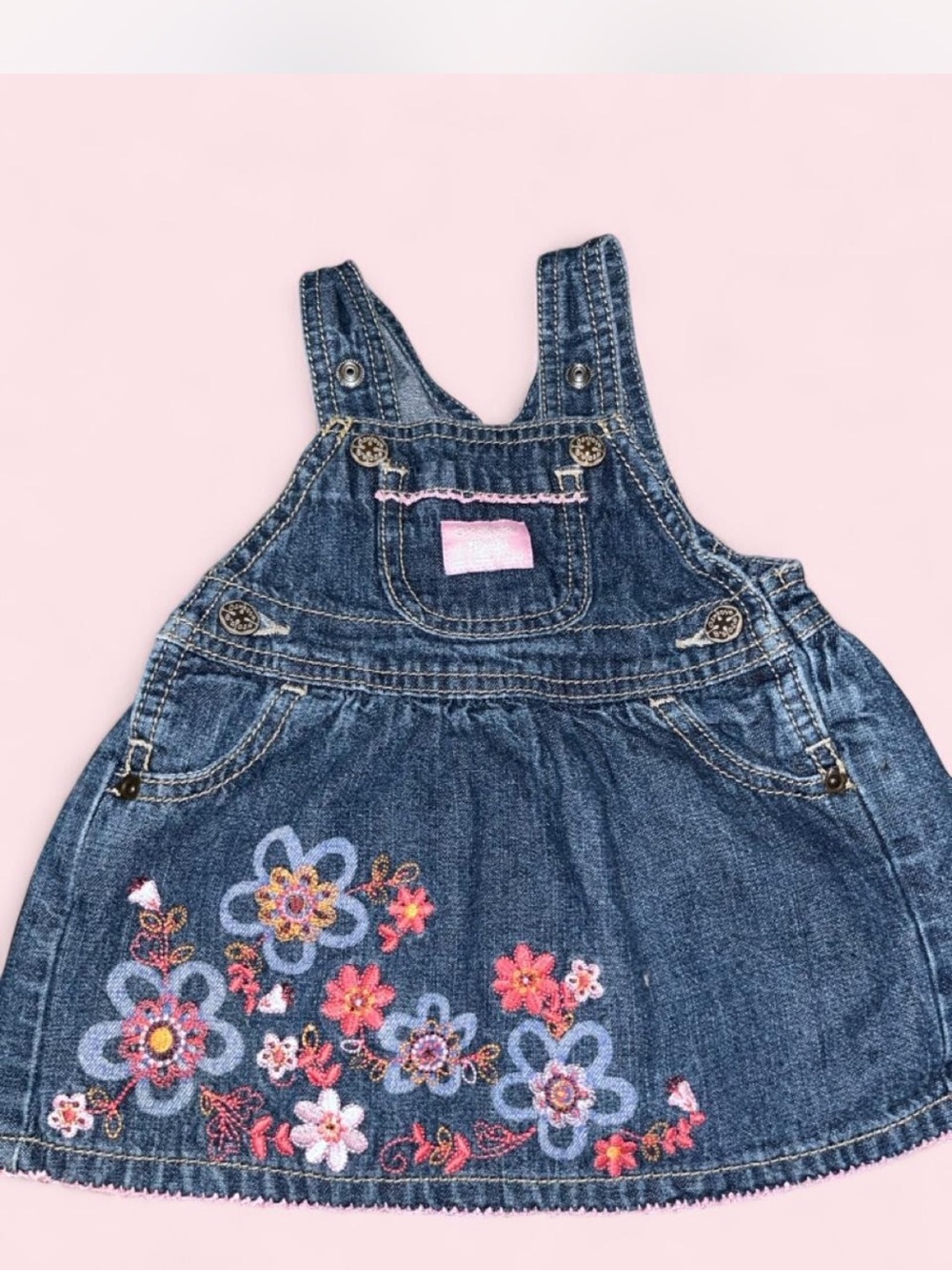 OshKosh B'gosh Blue Denim Dress with Pink Floral Embroidery